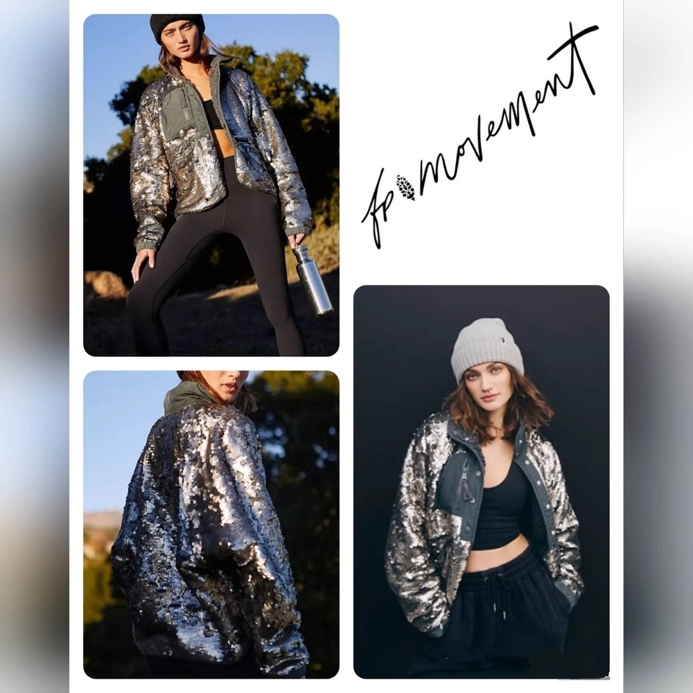 Free People Movement Hit The Slopes Sequin Jacket Shadow Combo Large $298 NWOT